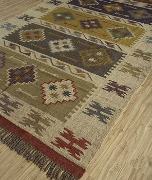 Handwoven Wool Jute Kilim Area Rug – Multicolor Southwestern Geometric Tribal Flatweave Rug with Fringe