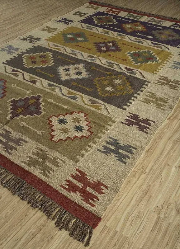 Handwoven Wool Jute Kilim Area Rug – Multicolor Southwestern Geometric Tribal Flatweave Rug with Fringe