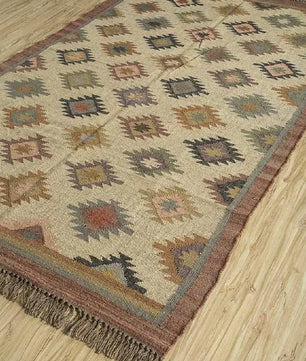 Handmade Wool Jute Kilim Area Rug – Multicolor Southwestern Geometric Flatweave Rug with Fringe, Tribal Boho Rug for Living Room