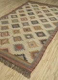 Handmade Wool Jute Kilim Area Rug – Multicolor Southwestern Geometric Flatweave Rug with Fringe, Tribal Boho Rug for Living Room