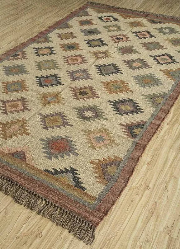 Handmade Wool Jute Kilim Area Rug – Multicolor Southwestern Geometric Flatweave Rug with Fringe, Tribal Boho Rug for Living Room