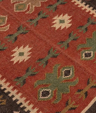 Handwoven Tribal Wool Jute Kilim Area Rug – Rust Red Southwestern Flatweave Dhurrie Carpet with Geometric Border