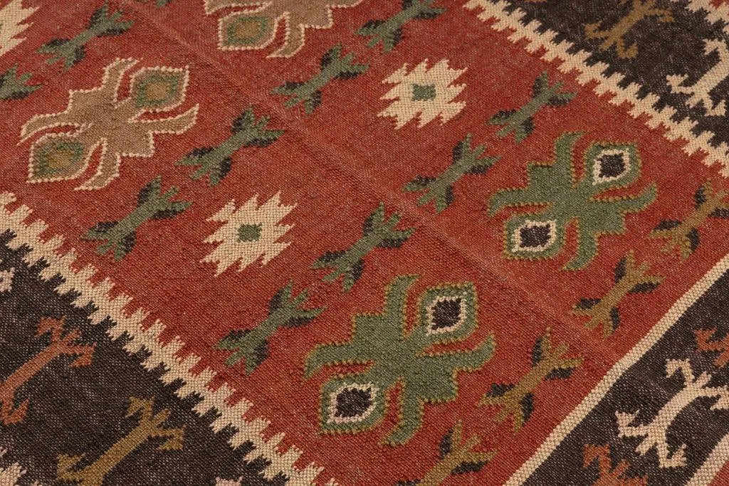 Handwoven Tribal Wool Jute Kilim Area Rug – Rust Red Southwestern Flatweave Dhurrie Carpet with Geometric Border