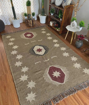Handmade Southwestern Wool Jute Kilim Area Rug with Tassels | Tribal Boho Flatweave Rug in Natural Taupe for Living Room & Bedroom