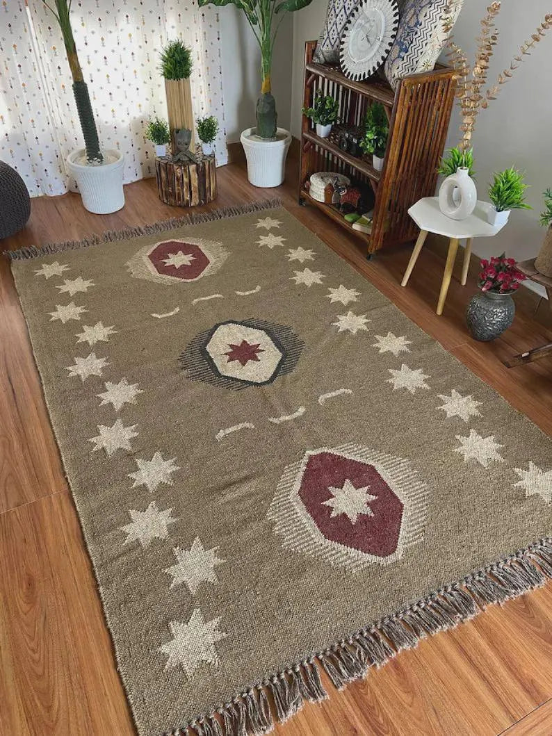 Handmade Southwestern Wool Jute Kilim Area Rug with Tassels | Tribal Boho Flatweave Rug in Natural Taupe for Living Room & Bedroom
