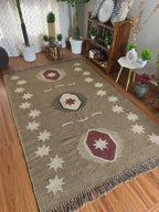 Handmade Southwestern Wool Jute Kilim Area Rug with Tassels | Tribal Boho Flatweave Rug in Natural Taupe for Living Room & Bedroom