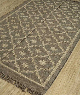 Handmade Wool Jute Area Rug – Taupe Gray Geometric Kilim Flatweave Rug with Fringe, Neutral Tribal Rug for Living Room & Bedroom