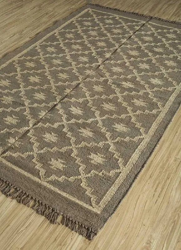 Handmade Wool Jute Area Rug – Taupe Gray Geometric Kilim Flatweave Rug with Fringe, Neutral Tribal Rug for Living Room & Bedroom
