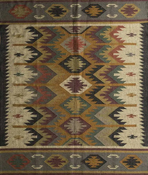 Earth Tone Tribal Medallion Area Rug – Handmade Wool Jute Flatweave Kilim with Ochre, Sage & Terracotta Geometric Pattern