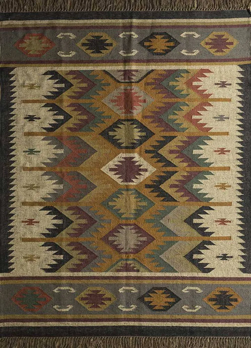 Earth Tone Tribal Medallion Area Rug – Handmade Wool Jute Flatweave Kilim with Ochre, Sage & Terracotta Geometric Pattern