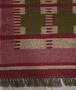 Handwoven Olive Green Wool Jute Kilim Rug | Modern Tribal Flatweave Area Rug with Geometric Grid Pattern for Living Room