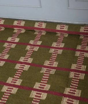 Handwoven Olive Green Wool Jute Kilim Rug | Modern Tribal Flatweave Area Rug with Geometric Grid Pattern for Living Room