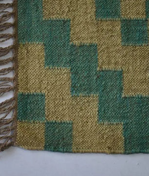 Southwestern Geometric Area Rug – Handwoven Teal Beige Wool Jute Flatweave Rug with Fringed Edges