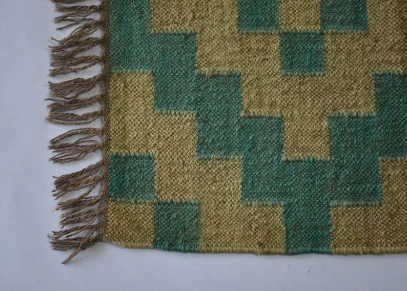 Southwestern Geometric Area Rug – Handwoven Teal Beige Wool Jute Flatweave Rug with Fringed Edges