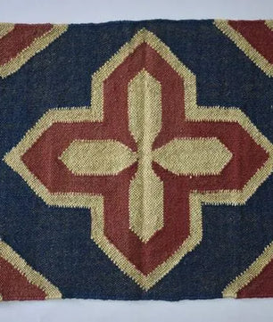 Handwoven Wool Jute Kilim Area Rug – Navy Blue & Rust Southwestern Geometric Flatweave Rug with Fringe for Living Room