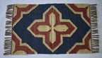 Handwoven Wool Jute Kilim Area Rug – Navy Blue & Rust Southwestern Geometric Flatweave Rug with Fringe for Living Room