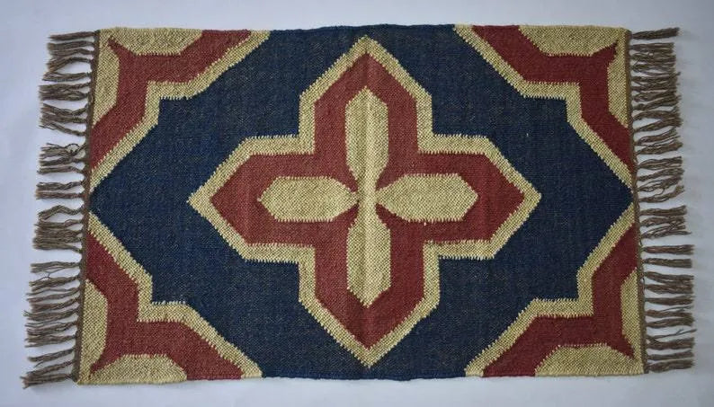 Handwoven Wool Jute Kilim Area Rug – Navy Blue & Rust Southwestern Geometric Flatweave Rug with Fringe for Living Room