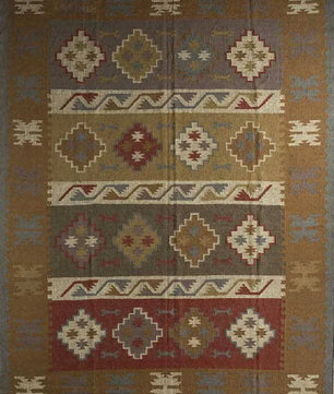 Handwoven Wool Jute Kilim Area Rug – Earthy Tribal Diamond Geometric Flatweave Rug with Fringe