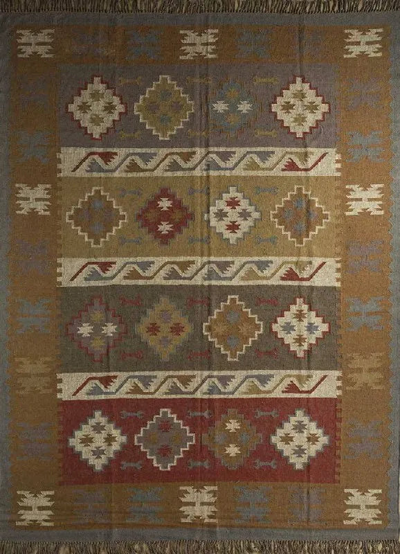 Handwoven Wool Jute Kilim Area Rug – Earthy Tribal Diamond Geometric Flatweave Rug with Fringe