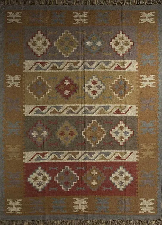 Handwoven Wool Jute Kilim Area Rug – Earthy Tribal Diamond Geometric Flatweave Rug with Fringe