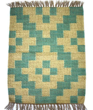 Southwestern Geometric Area Rug – Handwoven Teal Beige Wool Jute Flatweave Rug with Fringed Edges
