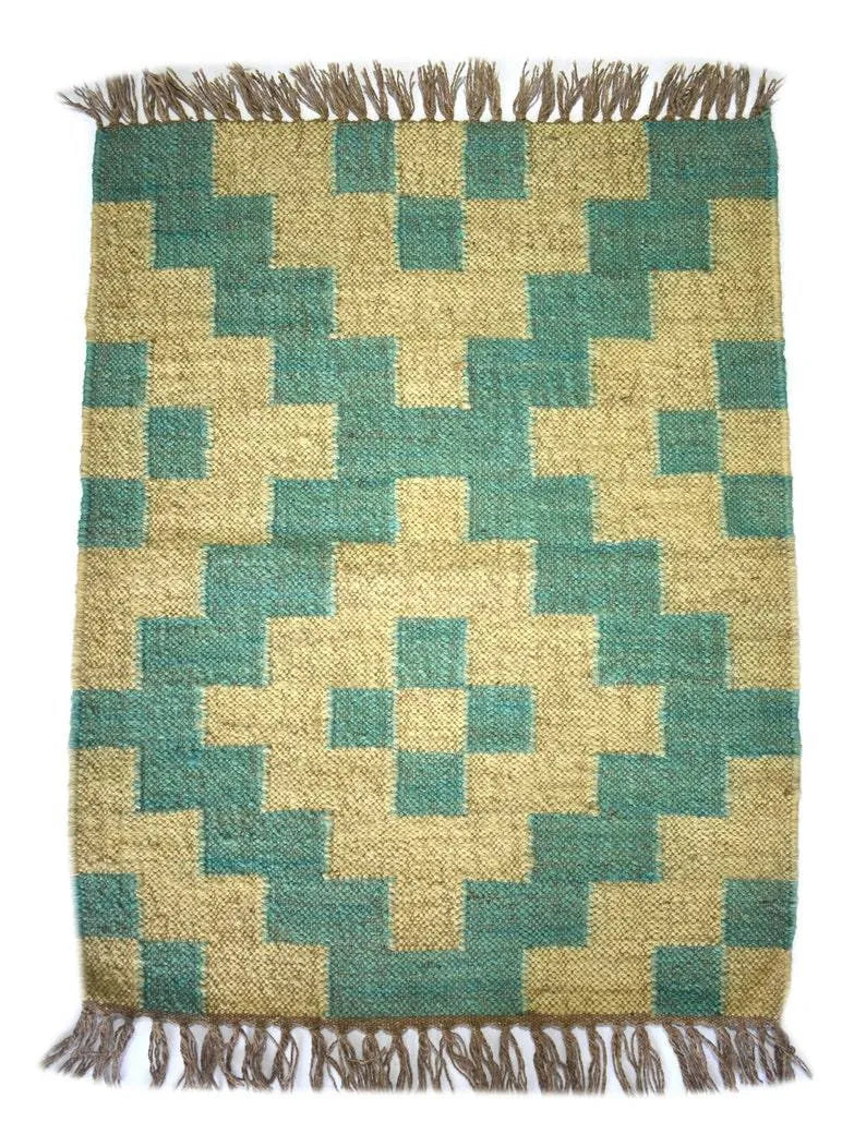 Southwestern Geometric Area Rug – Handwoven Teal Beige Wool Jute Flatweave Rug with Fringed Edges