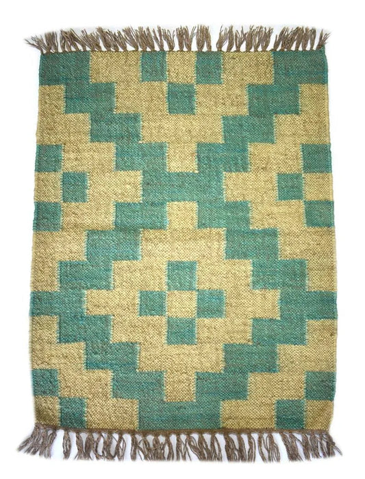 Southwestern Geometric Area Rug – Handwoven Teal Beige Wool Jute Flatweave Rug with Fringed Edges