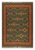 Handgeweefde Groen Wol Jute Kilim Matte – Tradisionele Stam Diamant Geometriese Platweef Dhurrie, Omkeerbare Boho Suidwestelike Mat vir Sitkamer & Slaapkamer