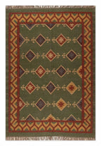Handgeweefde Groen Wol Jute Kilim Matte – Tradisionele Stam Diamant Geometriese Platweef Dhurrie, Omkeerbare Boho Suidwestelike Mat vir Sitkamer & Slaapkamer