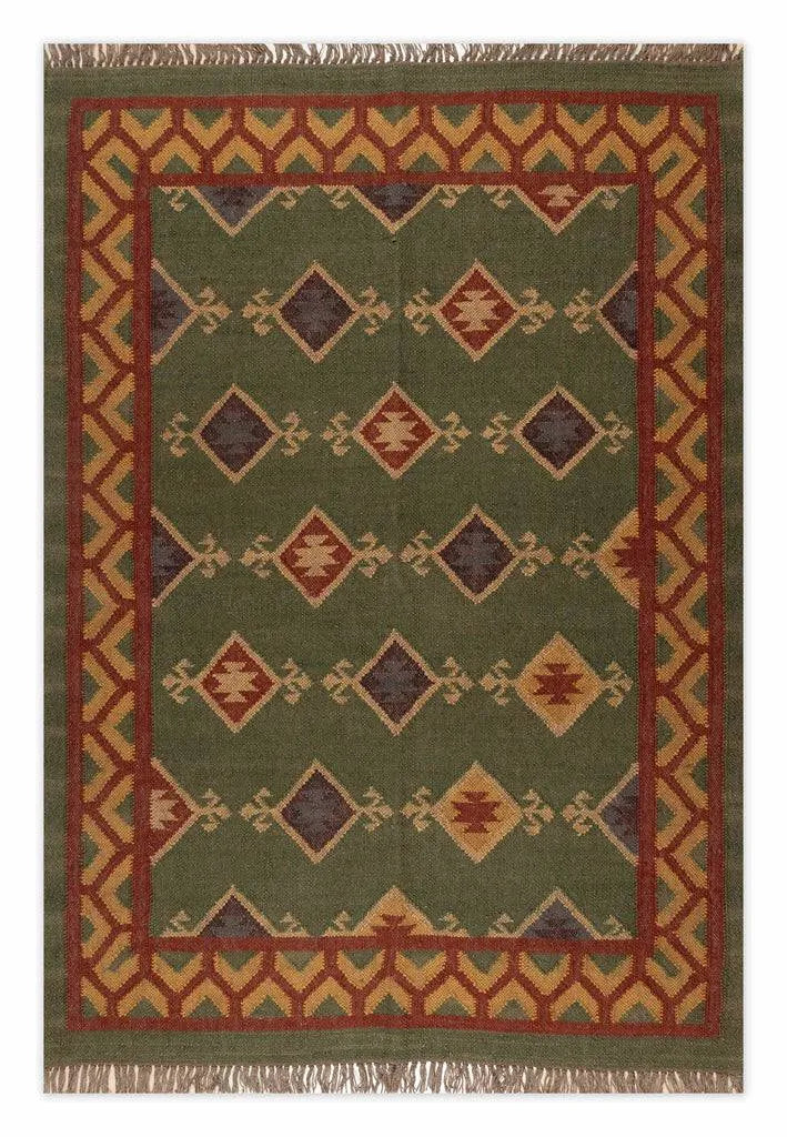 Handwoven Green Wool Jute Kilim Area Rug – Traditional Tribal Diamond Geometric Flatweave Dhurrie, Reversible Boho Southwestern Rug for Living Room & Bedroom
