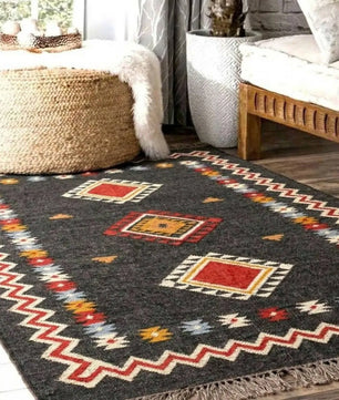 Handmade Southwestern Wool Jute Kilim Area Rug with Tassels | Black Tribal Boho Flatweave Rug for Living Room & Bedroom