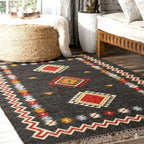 Handmade Southwestern Wool Jute Kilim Area Rug with Tassels | Black Tribal Boho Flatweave Rug for Living Room & Bedroom