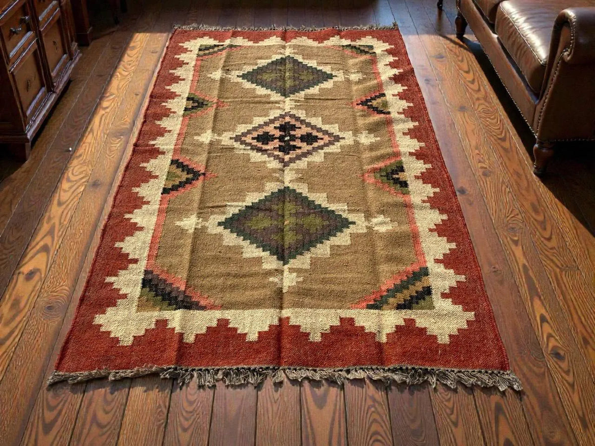 Terracotta Geometric Kilim Dhurrie – Custom Wool Jute Area Rug & Runner