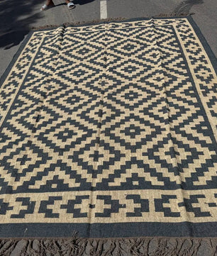 Handwoven Black Beige Aztec Kilim Rug | Handmade Wool Jute Tribal Flatweave Area Rug for Living Room, Bedroom & Farmhouse DecorHandwoven Black Beige Aztec Kilim Rug | Handmade Wool Jute Tribal Flatweave Area Rug for Living Room, Bedroom & Farmhouse Decor