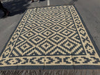 Handwoven Black Beige Aztec Kilim Rug | Handmade Wool Jute Tribal Flatweave Area Rug for Living Room, Bedroom & Farmhouse Decor