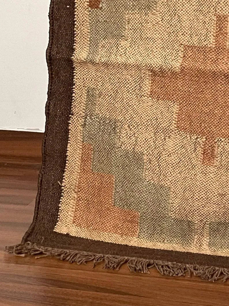 Tribal Diamond Wool Jute Area Rug – Handmade Southwestern Kilim Flatweave with Brown, Taupe & Terracotta Geometric Motifs