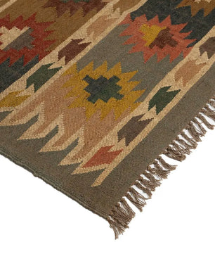 Handwoven Southwestern Wool Jute Kilim Area Rug – Tribal Geometric Flatweave Dhurrie Carpet for Living Room, Bedroom & Entryway