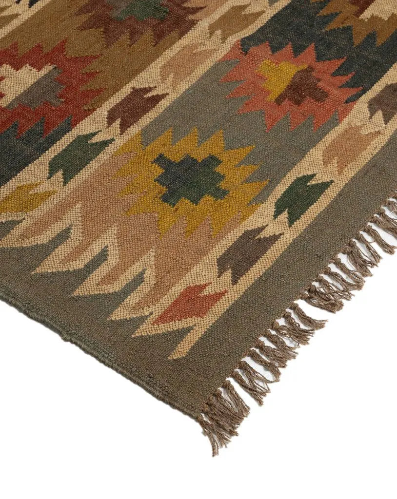 Handwoven Southwestern Wool Jute Kilim Area Rug – Tribal Geometric Flatweave Dhurrie Carpet for Living Room, Bedroom & Entryway