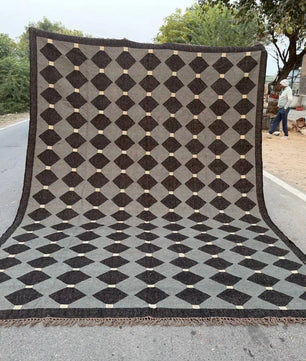 Handmade Charcoal Gray Wool Jute Kilim Area Rug with Geometric Diamond Pattern | Modern Flatweave Rug for Living Room & Bedroom
