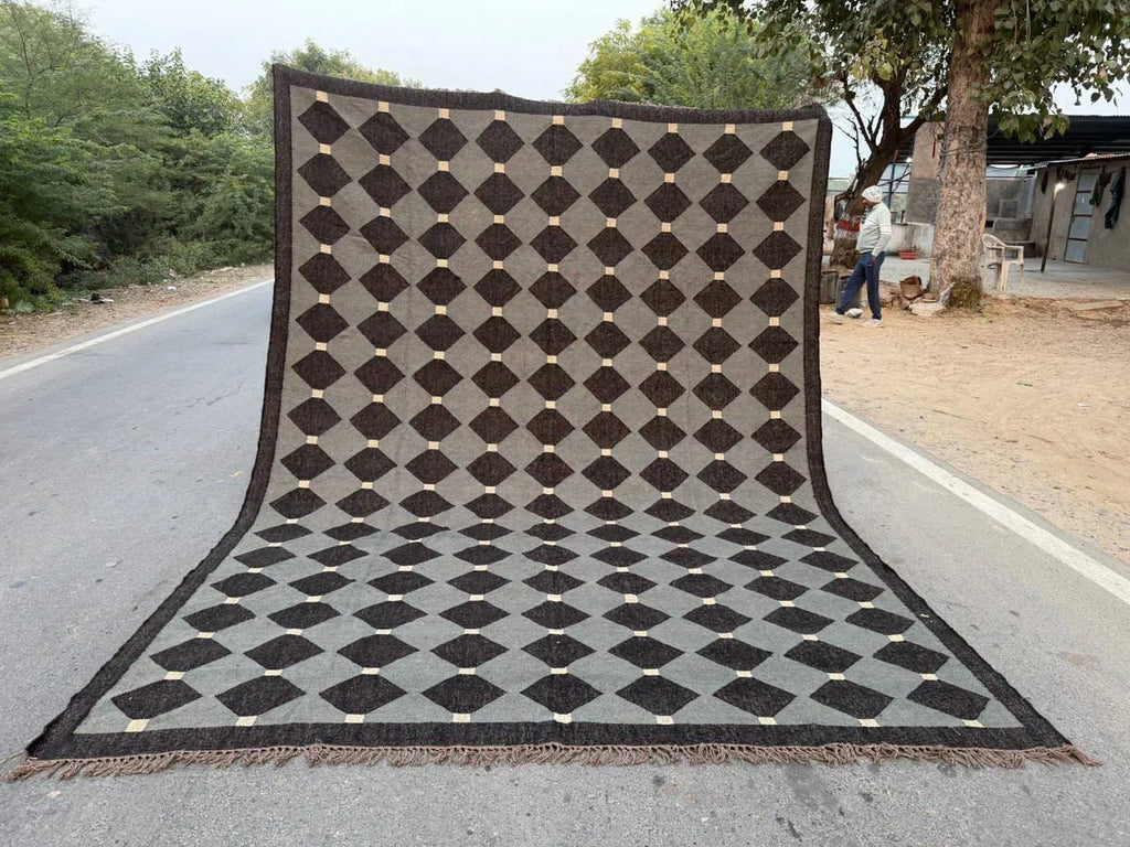 Handmade Charcoal Gray Wool Jute Kilim Area Rug with Geometric Diamond Pattern | Modern Flatweave Rug for Living Room & Bedroom