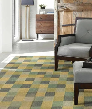 Handmade Checkerboard Wool Jute Area Rug – Green Mustard Geometric Kilim Flatweave Rug for Living Room & Bedroom