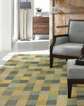 Handmade Checkerboard Wool Jute Area Rug – Green Mustard Geometric Kilim Flatweave Rug for Living Room & Bedroom
