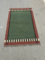 Handwoven Olive Green Wool Jute Kilim Rug, Handmade Flatweave Area Rug, Rustic Boho Dhurrie Carpet, Minimalist Natural Fiber Rug with Fringe