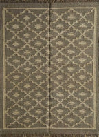 Handmade Wool Jute Area Rug – Taupe Gray Geometric Kilim Flatweave Rug with Fringe, Neutral Tribal Rug for Living Room & Bedroom