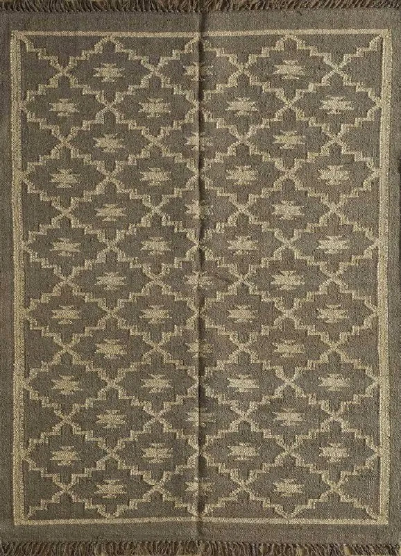 Handmade Wool Jute Area Rug – Taupe Gray Geometric Kilim Flatweave Rug with Fringe, Neutral Tribal Rug for Living Room & Bedroom