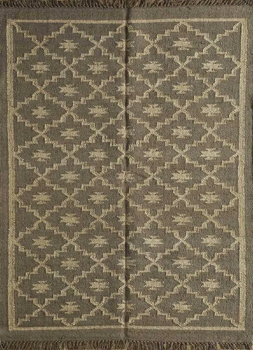Handmade Wool Jute Area Rug – Taupe Gray Geometric Kilim Flatweave Rug with Fringe, Neutral Tribal Rug for Living Room & Bedroom