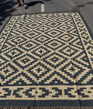Handwoven Black Beige Aztec Kilim Rug | Handmade Wool Jute Tribal Flatweave Area Rug for Living Room, Bedroom & Farmhouse DecorHandwoven Black Beige Aztec Kilim Rug | Handmade Wool Jute Tribal Flatweave Area Rug for Living Room, Bedroom & Farmhouse Decor