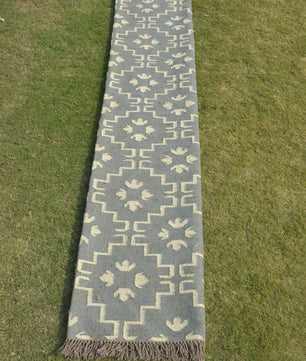 Handmade Blue Wool Jute Kilim Rug – Geometric Flatweave Indian Dhurrie Area Rug with Fringe