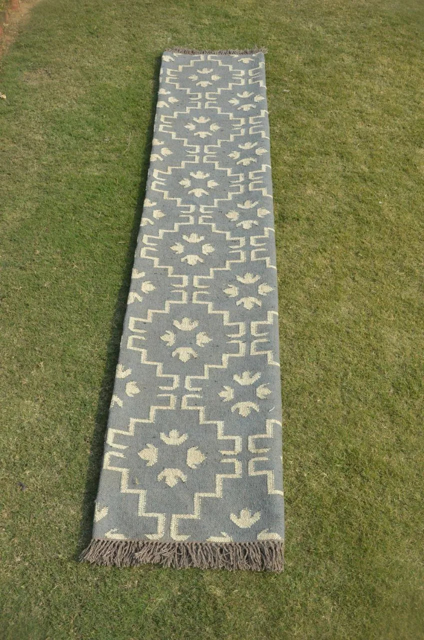 Handmade Blue Wool Jute Kilim Rug – Geometric Flatweave Indian Dhurrie Area Rug with Fringe