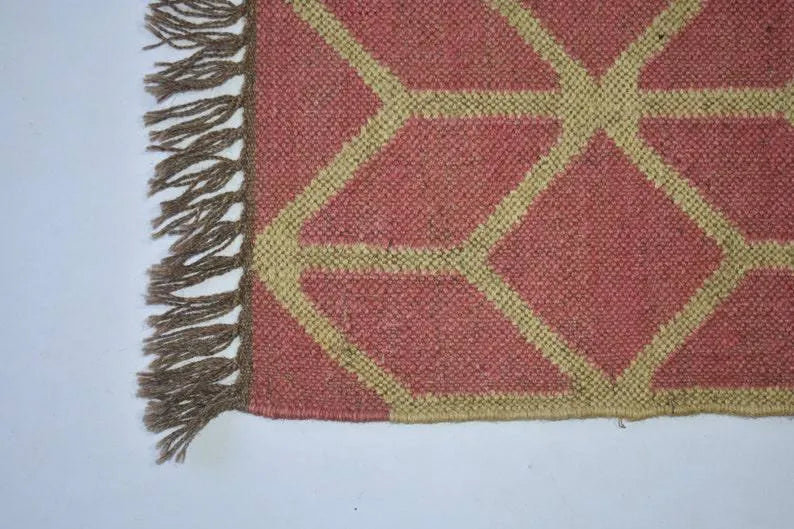 Handwoven Wool Jute Area Rug – Terracotta 3D Geometric Cube Kilim Rug, Reversible Flatweave with Fringe